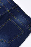 Medium Blue Street Print Hollowed Out Patchwork High Waist Regular Denim Jeans