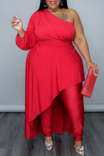 Red Sexy Casual Solid Split Joint Asymmetrical Oblique Collar Plus Size Two Pieces