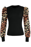 Black Fashion Casual Print Leopard Patchwork O Neck Tops