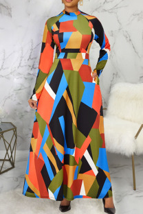 Multicolor Casual Elegant Color Lump Print Split Joint O Neck A Line Dresses