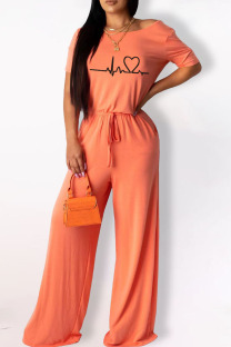 Orange Fashion Casual Print Basic O Neck Regular Jumpsuits