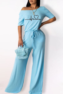 Baby Blue Fashion Casual Print Basic O Neck Regular Jumpsuits