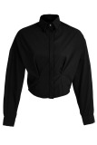 Black Fashion Casual Solid Split Joint Buckle Turndown Collar Tops