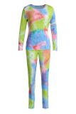 Pink Green Fashion Casual Print Tie-dye O Neck Long Sleeve Two Pieces