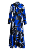 Blue Fashion Print Basic Turndown Collar Long Sleeve Dresses
