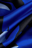 Blue Fashion Print Basic Turndown Collar Long Sleeve Dresses