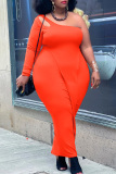 Orange Fashion Sexy Solid Split Joint Backless One Shoulder Long Sleeve Plus Size Dresses