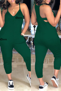Green Sexy Casual Letter Print Backless Spaghetti Strap Regular Jumpsuits