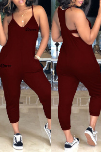 Burgundy Sexy Casual Letter Print Backless Spaghetti Strap Regular Jumpsuits