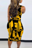 Yellow Casual Print Split Joint Half A Turtleneck Pencil Skirt Dresses