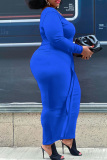 Blue Fashion Sexy Solid Split Joint Backless One Shoulder Long Sleeve Plus Size Dresses