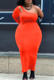 Red Fashion Sexy Solid Split Joint Backless One Shoulder Long Sleeve Plus Size Dresses