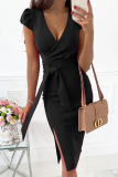 Khaki Sexy Solid Patchwork V Neck Pencil Skirt Dresses