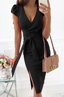Black Sexy Solid Split Joint V Neck Pencil Skirt Dresses