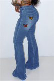 Baby Blue Fashion Casual Butterfly Print High Waist Regular Denim Jeans