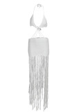 White Sexy Solid Tassel Hollowed Out Split Joint Backless Swimwears Cover Up