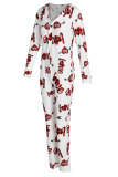 Red Casual Print Buttons V Neck Regular Jumpsuits