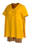 Yellow Fashion Casual Print Slit V Neck Plus Size Two Pieces
