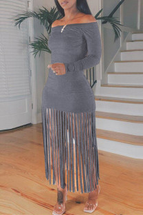 Grey Sexy Casual Solid Tassel Off the Shoulder Long Sleeve Dresses