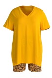 Yellow Fashion Casual Print Slit V Neck Plus Size Two Pieces