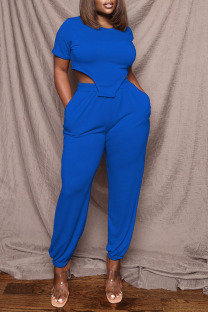 Blue Casual Solid Patchwork Asymmetrical O Neck Short Sleeve Two Pieces