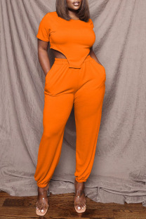 Tangerine Casual Solid Patchwork Asymmetrical O Neck Short Sleeve Two Pieces
