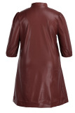 Burgundy Fashion Casual Solid Mandarin Collar A Line Plus Size Dresses