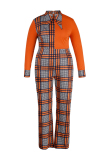 rose red Fashion Sexy Turndown Collar Plaid Patchwork Jumpsuits
