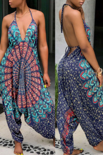 Blue Sexy Print Split Joint Backless Halter Loose Jumpsuits