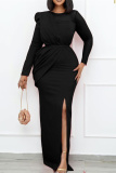 Black Fashion Sexy Patchwork Solid See-through Slit O Neck Long Sleeve Evening Dress