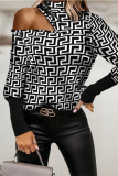 Black Fashion Casual Print Hollowed Out Turtleneck Tops