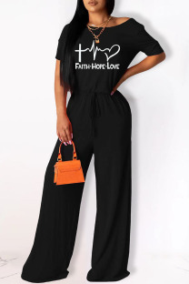 Black Casual Print Patchwork O Neck Straight Jumpsuits