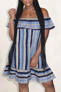 Blue Sexy Casual Striped Print Backless Off the Shoulder Short Sleeve Dress
