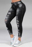 Black Fashion Casual Solid Ripped Mid Waist Skinny Denim Jeans