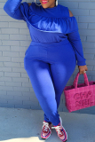 Blue Fashion Casual Solid Hollowed Out O Neck Plus Size Two Pieces