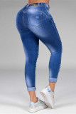 Blue Fashion Casual Solid Ripped Mid Waist Skinny Denim Jeans