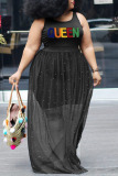 Black Casual Solid Embroidered Split Joint Beading U Neck A Line Plus Size Dresses