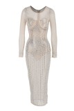 White Fashion Sexy Patchwork Hot Drilling See-through O Neck Long Sleeve Dresses