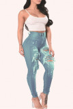 Light Blue Fashion Casual Solid Ripped Skinny Denim Jeans
