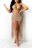 Rose Red Sexy Solid Tassel Hollowed Out Split Joint Backless Swimwears Cover Up