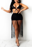 Tangerine Sexy Solid Tassel Hollowed Out Split Joint Backless Swimwears Cover Up
