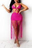 Black Sexy Solid Tassel Hollowed Out Split Joint Backless Swimwears Cover Up