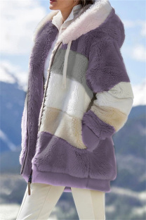 Purple Fashion Casual Patchwork Zipper Hooded Collar Plus Size Overcoat