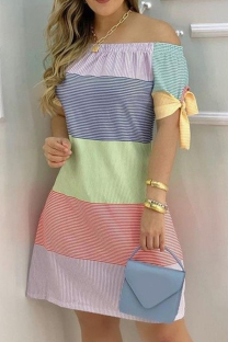 Stripe Fashion Casual Print Bandage Off the Shoulder Short Sleeve Dress Dresses