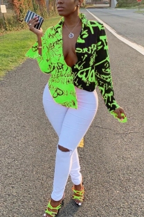 Green Sexy Graffiti Print Long Sleeve V-Neck Shirt
