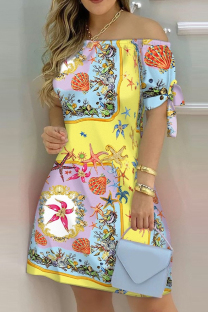 Yellow Fashion Casual Print Bandage Off the Shoulder Short Sleeve Dress Dresses