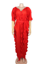 Red Casual Sweet Solid Split Joint Flounce V Neck Straight Dresses