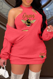 Rose Red Fashion Sexy Print Basic O Neck Long Sleeve Two Pieces