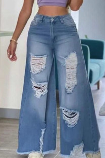 Baby Blue Fashion Casual Solid Ripped High Waist Regular Denim Jeans