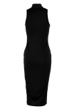 Black Sexy Casual Solid Vests Turtleneck Sleeveless Dress